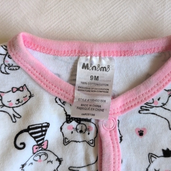 minimi kitten print cotton snap footie sleeper pajamas 9 months baby girl - Picture 5 of 5